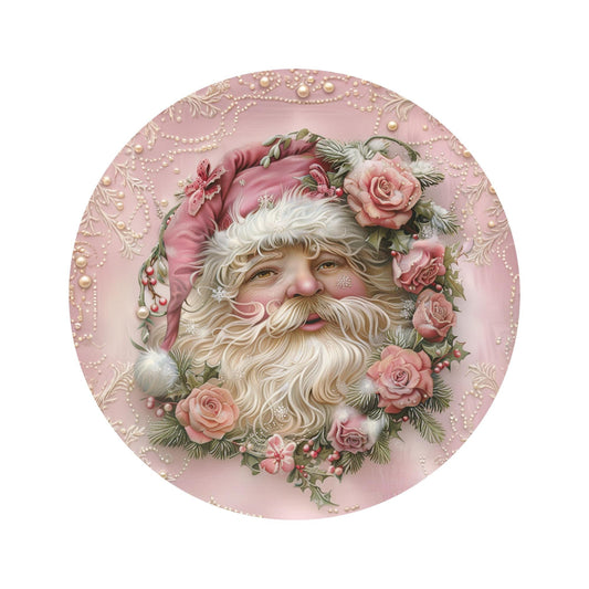 Pink Santa Claus Christmas wreath sign, Vintage Saint Nicolas in Pink with roses metal wreath attachment, SWS72624-2