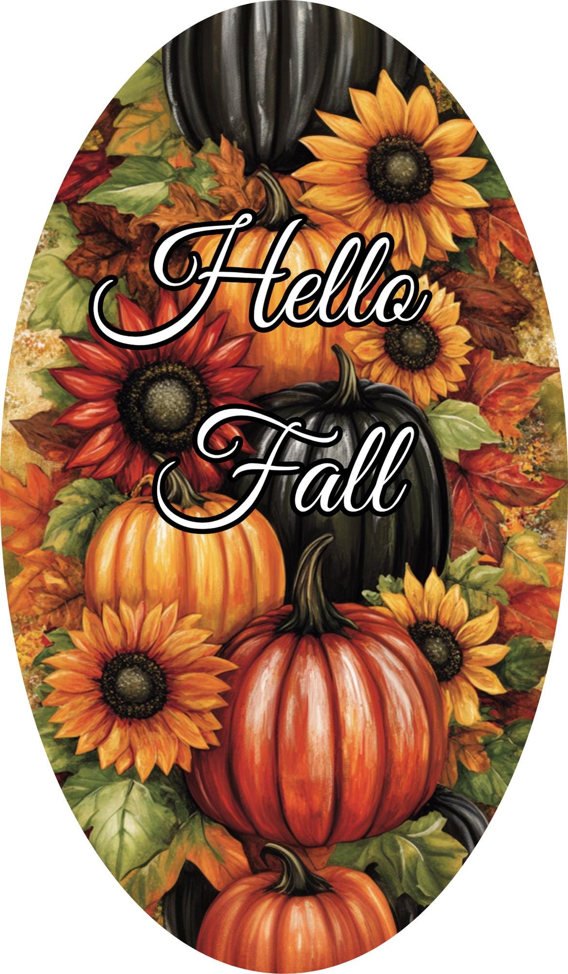 Oval Hello Fall Pumpkin Sign for Wreath, Black Orange Red Sunflower and Pumpkin Metal Wreath Sign, Autumn Harvest Pumpkin Sign SWS73024-3
