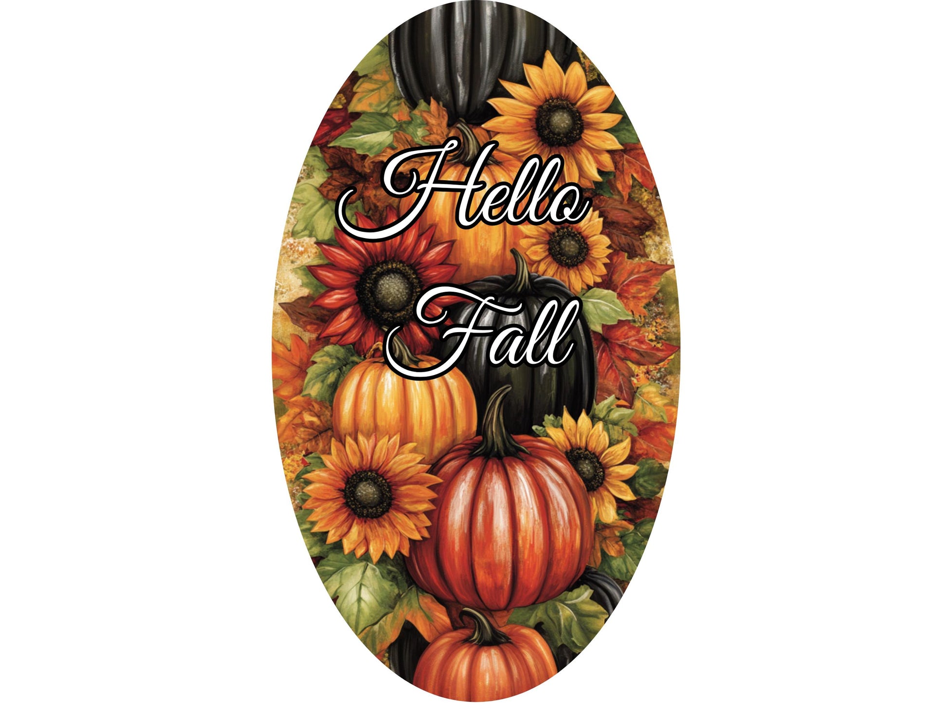 Oval Hello Fall Pumpkin Sign for Wreath, Black Orange Red Sunflower and Pumpkin Metal Wreath Sign, Autumn Harvest Pumpkin Sign SWS73024-3
