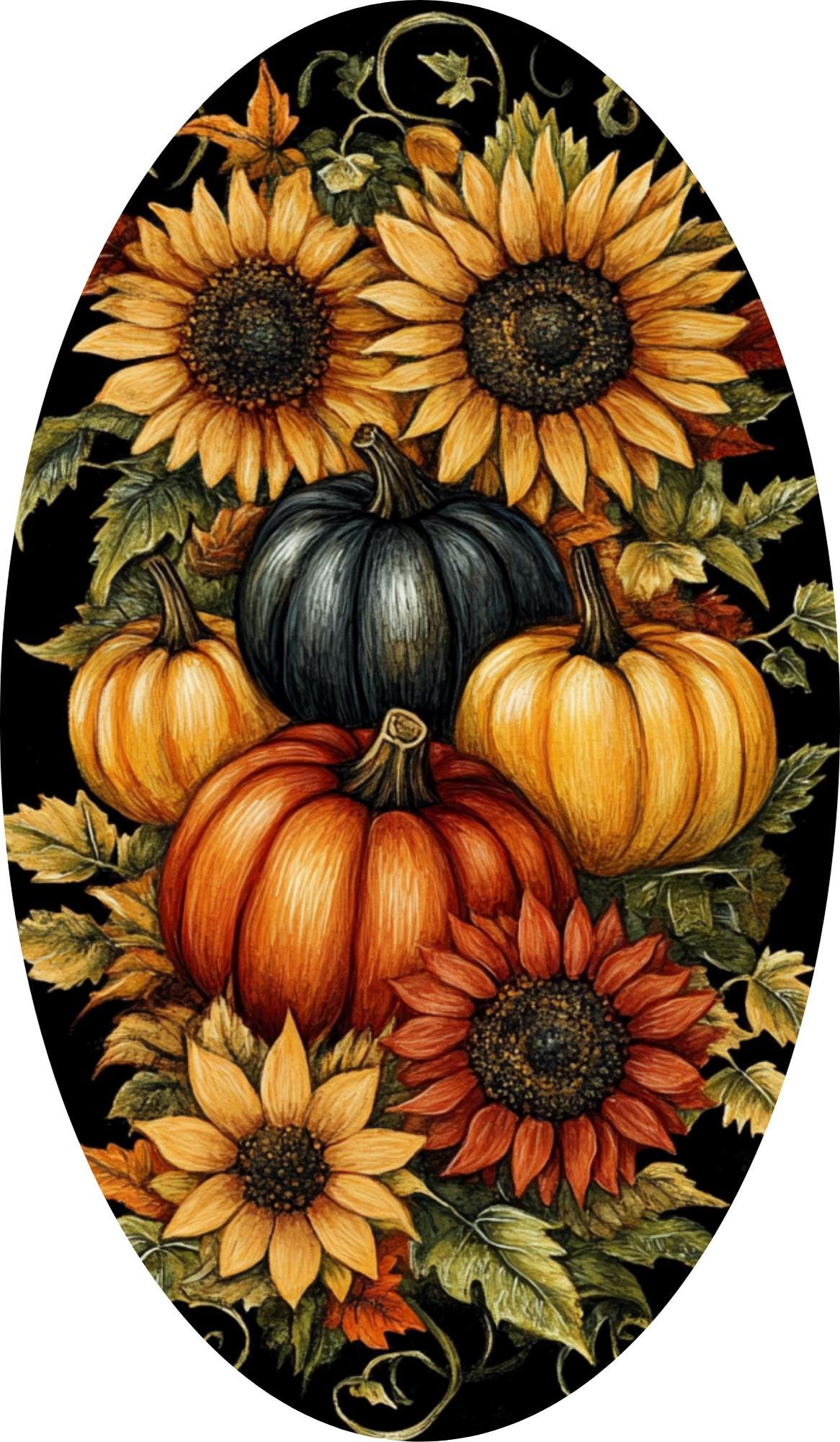 Oval Fall Pumpkin Sign for Wreath, Black Orange Red Sunflower and Pumpkin Metal Wreath Sign, Autumn Harvest Pumpkin Sign SWS73024-1
