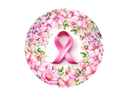 Breast Cancer Awareness Month Metal Wreath Sign with Pink Flowers, Pink Awareness Ribbon Wreath Attachment SW80624-1