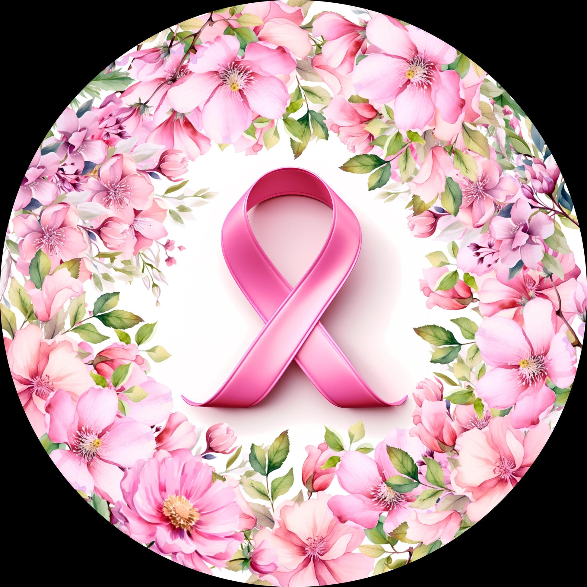 Breast Cancer Awareness Month Metal Wreath Sign with Pink Flowers, Pink Awareness Ribbon Wreath Attachment SW80624-1