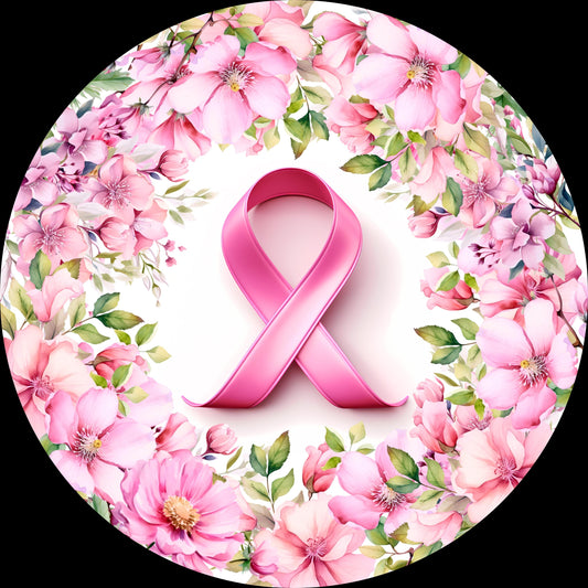 Breast Cancer Awareness Month Metal Wreath Sign with Pink Flowers, Pink Awareness Ribbon Wreath Attachment SW80624-1