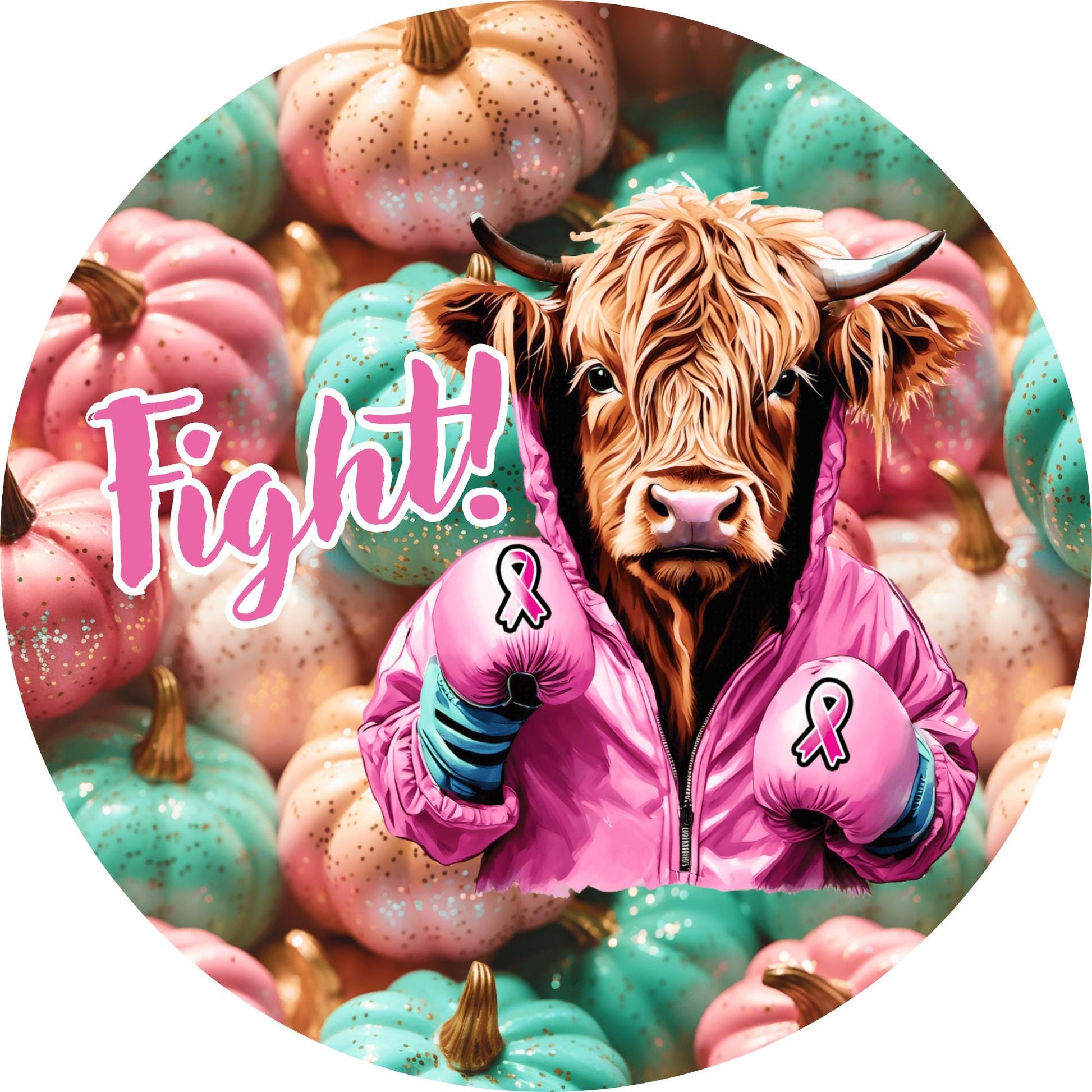 Highland Cow Breast Cancer Fighter Metal Wreath Sign, Pink Awareness Ribbon Wreath Attachment, Breast Cancer Pumpkins SW80624-2