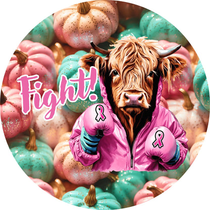 Highland Cow Breast Cancer Fighter Metal Wreath Sign, Pink Awareness Ribbon Wreath Attachment, Breast Cancer Pumpkins SW80624-2
