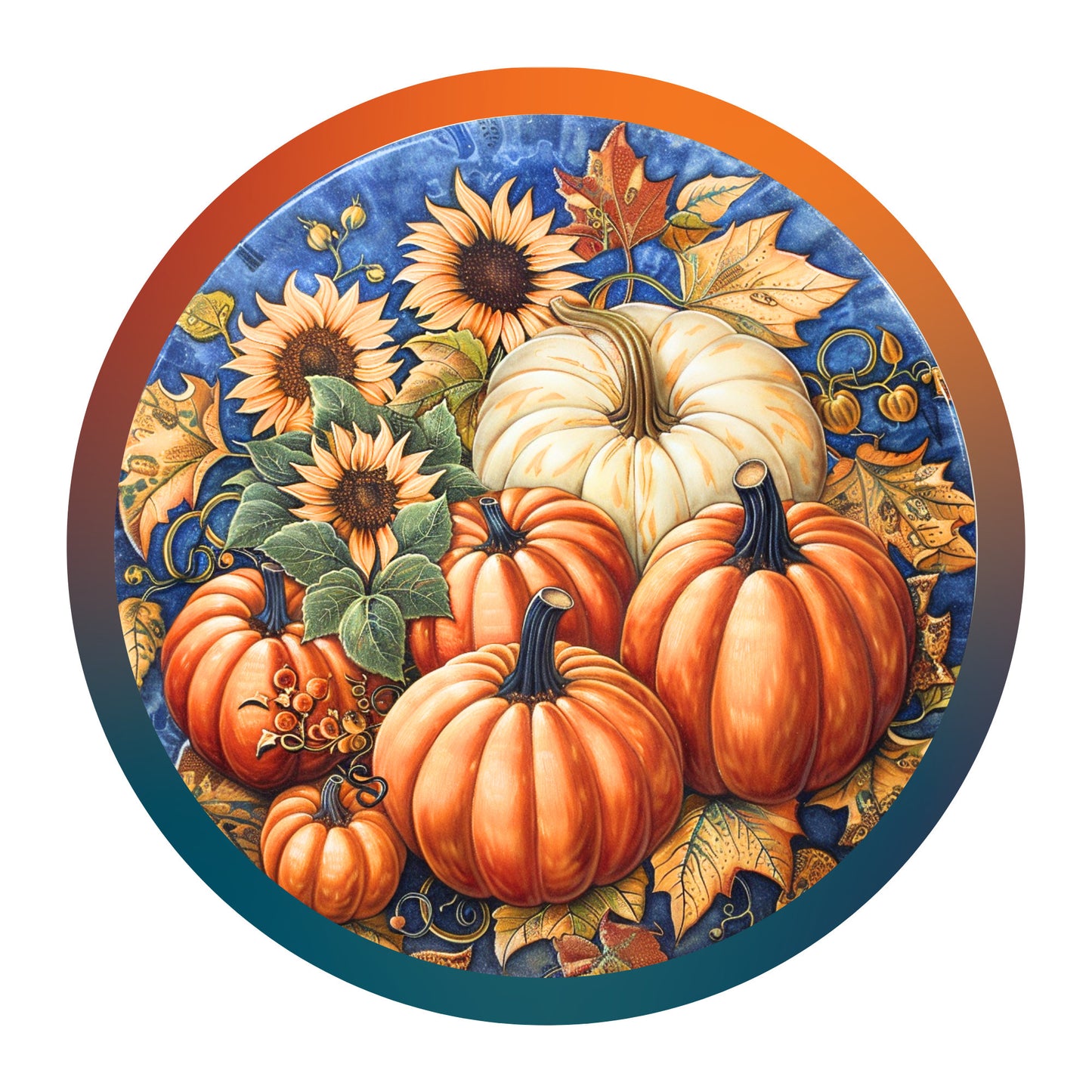 Fall Pumpkin Sign for Wreath, Blue and Orange Round Metal Wreath Sign, Autumn Harvest Sunflower Sign SWS72224-1