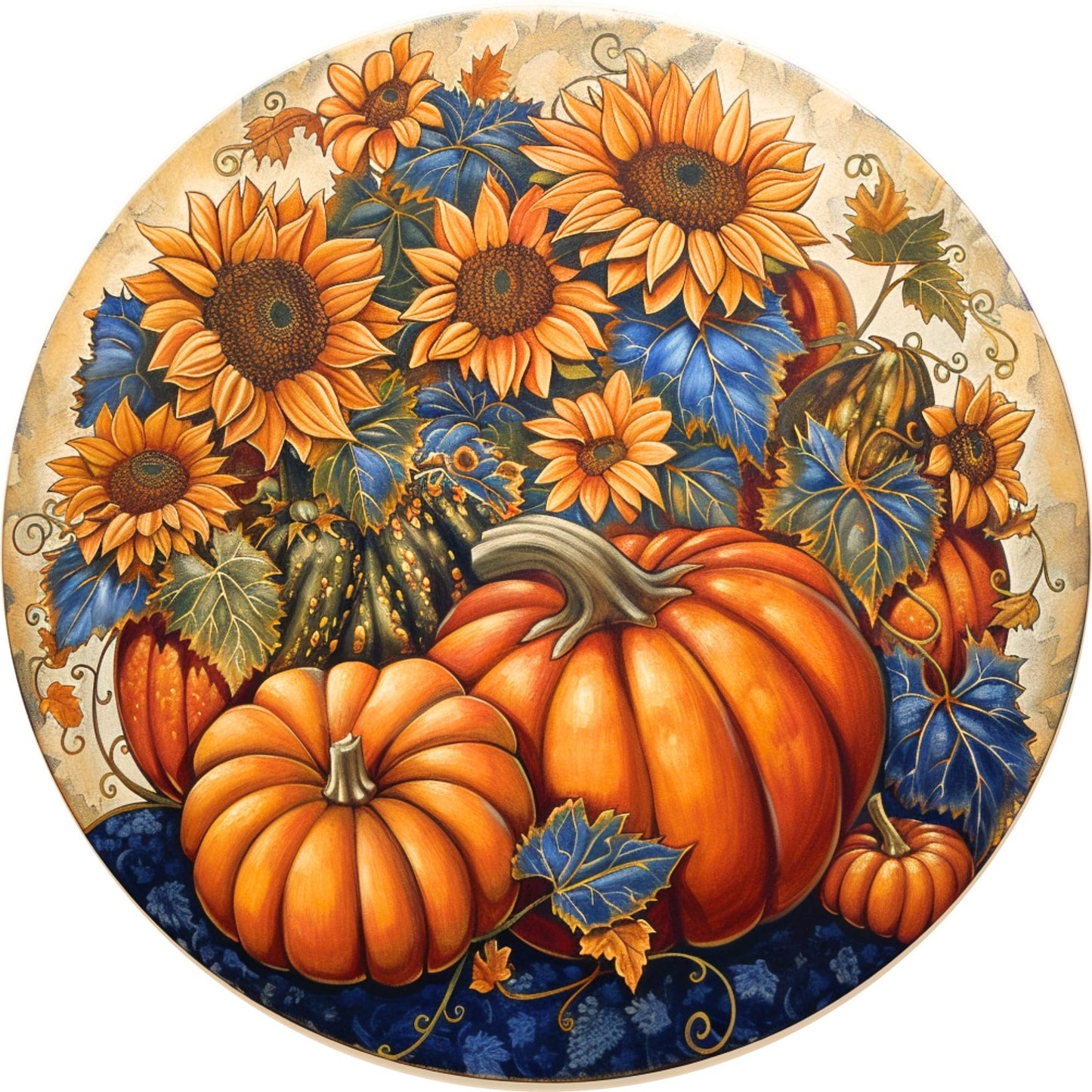 Fall Pumpkin Sign for Wreath, Blue and Orange Round Metal Wreath Sign, Autumn Harvest Sunflower Sign SWS72224-3
