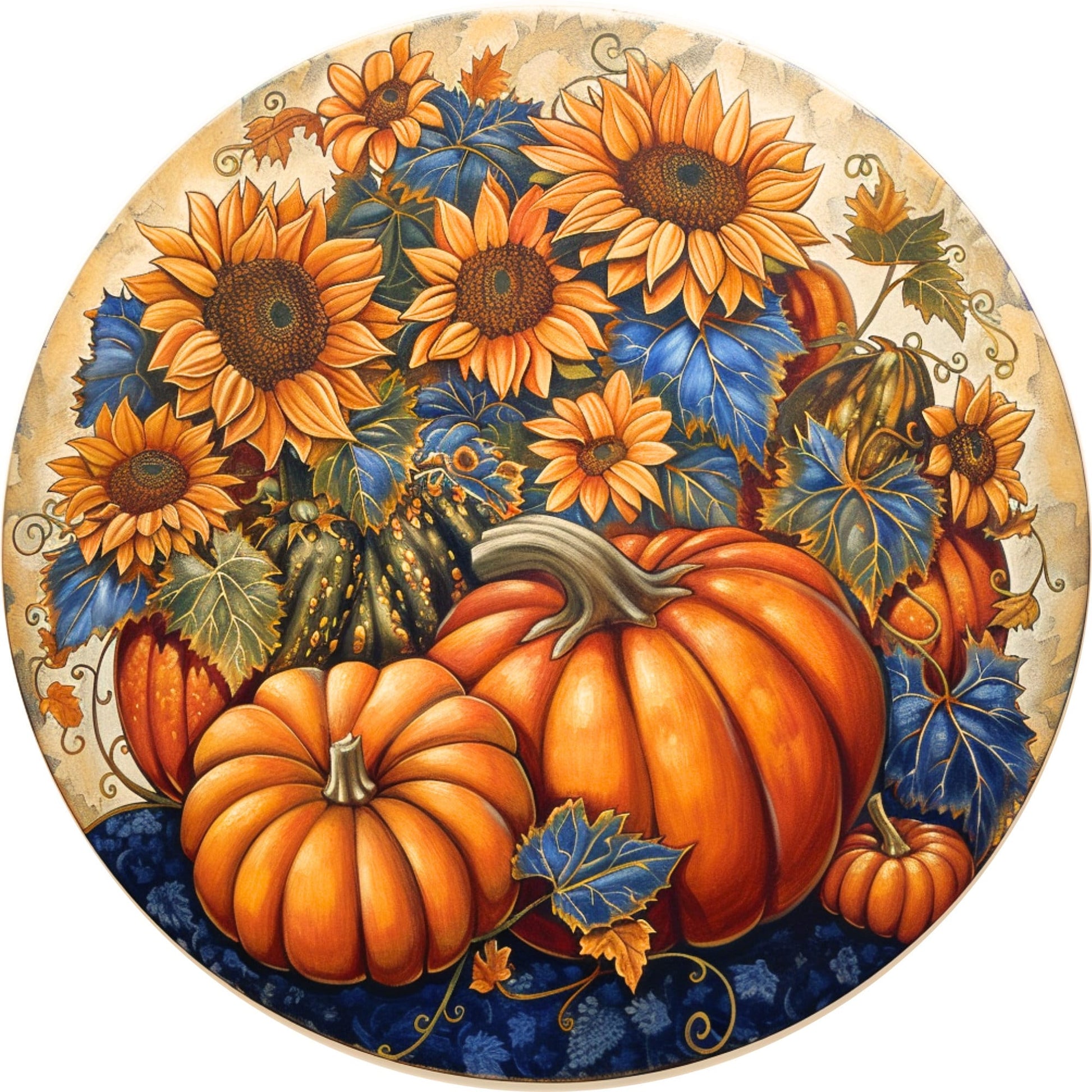 Fall Pumpkin Sign for Wreath, Blue and Orange Round Metal Wreath Sign, Autumn Harvest Sunflower Sign SWS72224-3