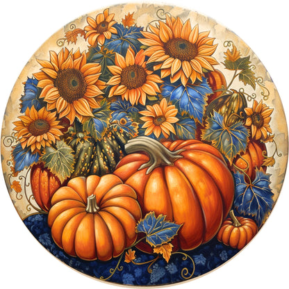 Fall Pumpkin Sign for Wreath, Blue and Orange Round Metal Wreath Sign, Autumn Harvest Sunflower Sign SWS72224-3