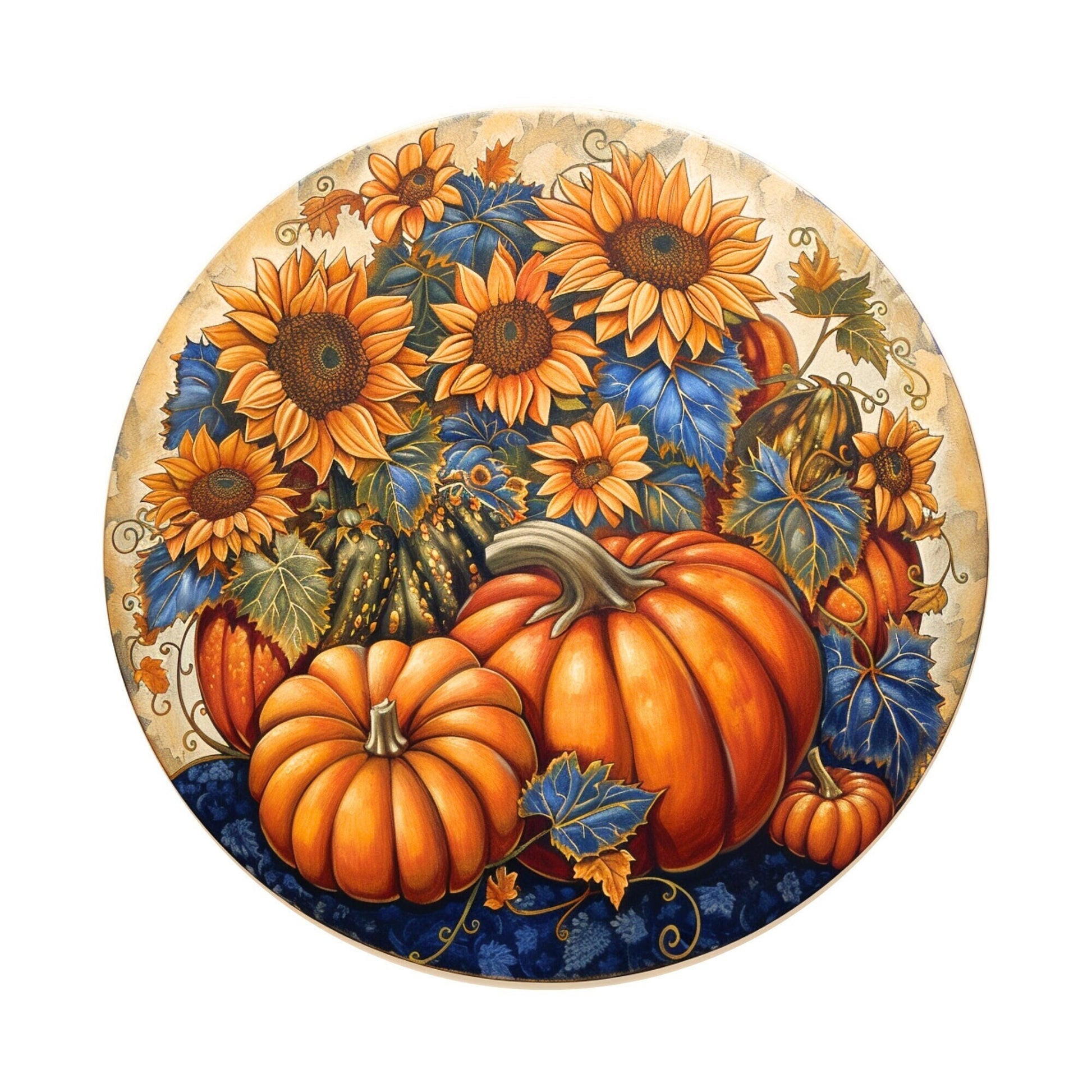 Fall Pumpkin Sign for Wreath, Blue and Orange Round Metal Wreath Sign, Autumn Harvest Sunflower Sign SWS72224-3