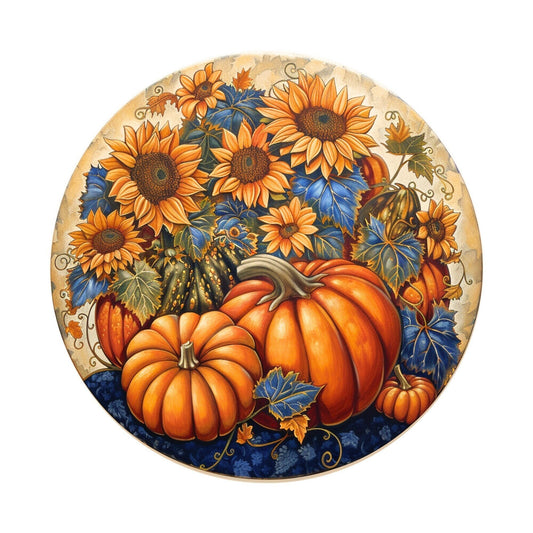 Fall Pumpkin Sign for Wreath, Blue and Orange Round Metal Wreath Sign, Autumn Harvest Sunflower Sign SWS72224-3