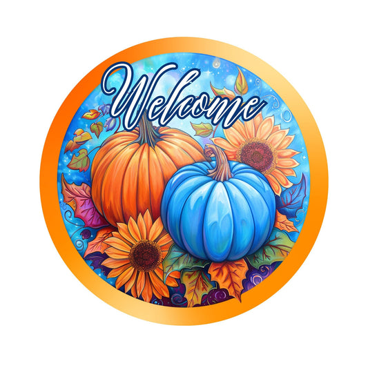 Vivid Welcome Fall Pumpkin Sign for Wreath, Vibrant Blue and Orange Round Metal Wreath Sign, Autumn Harvest Sunflower Sign SWS72224-4