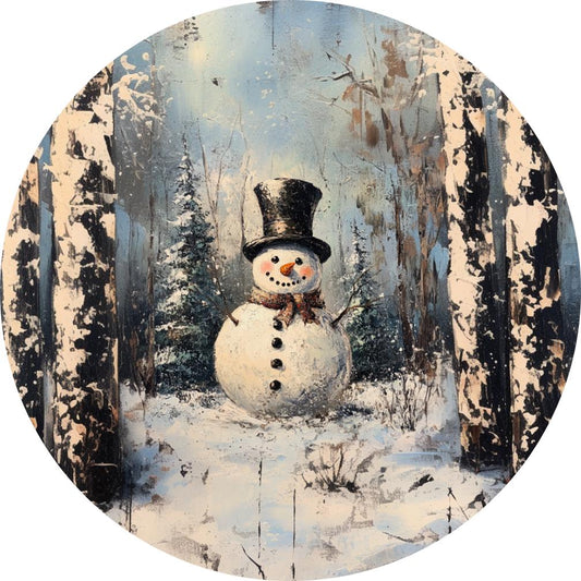 Rustic Snowman winter wreath sign, Painted Winter Scene Printed on Metal, Snowman in snowy forest wall decor, SLWS-W81224