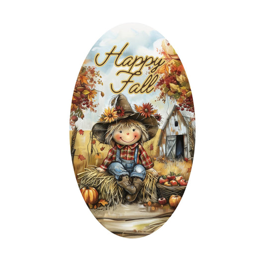 Oval Happy Fall Scarecrow Sign for Wreath, Farmhouse Autumn Metal Wreath Sign, Rustic Country Fall Scene for Wreath, SWS72624-3