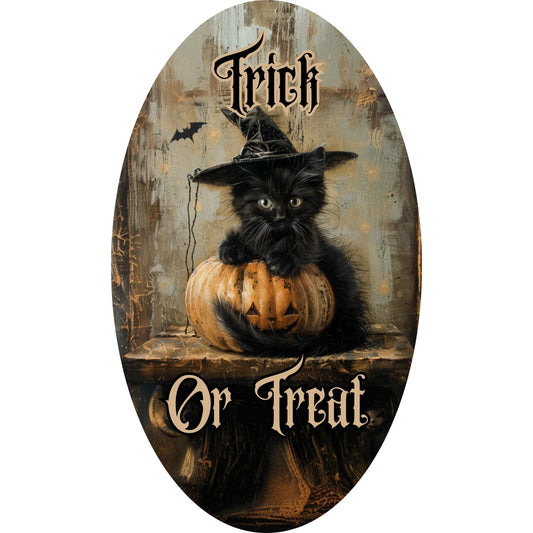 Kitten Witch on Jack-o-Lantern Trick or Treat Oval wreath sign, Oval Halloween Black Cat Metal Sign,