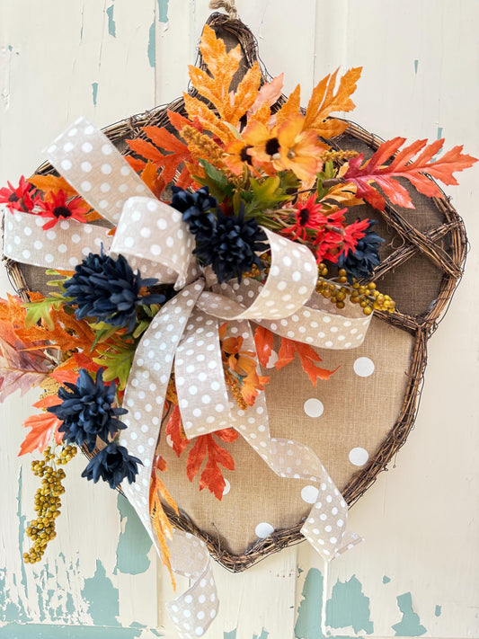 Rustic Acorn Grapevine Wreath for Fall, Burlap Door Hanger with Polka Dot Bow, Thanksgiving Autumn Decor, Orange and Blue Floral Accents