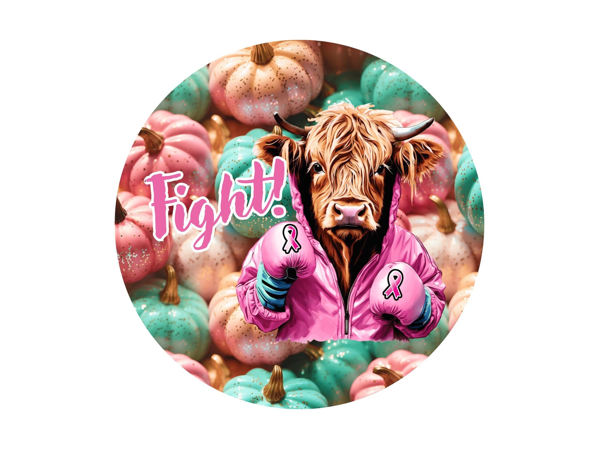 Highland Cow Breast Cancer Fighter Metal Wreath Sign, Pink Awareness Ribbon Wreath Attachment, Breast Cancer Pumpkins SW80624-2