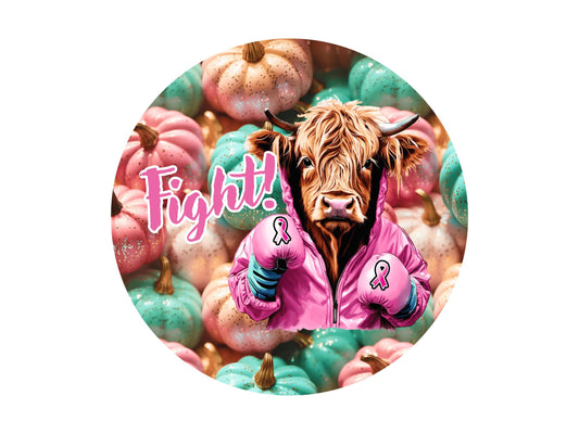 Highland Cow Breast Cancer Fighter Metal Wreath Sign, Pink Awareness Ribbon Wreath Attachment, Breast Cancer Pumpkins SW80624-2