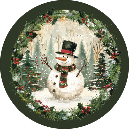 Rustic Snowman winter wreath sign, Painted Winter Scene Printed on Metal, Snowman in snowy forest wall decor, SLWS-W81224-11