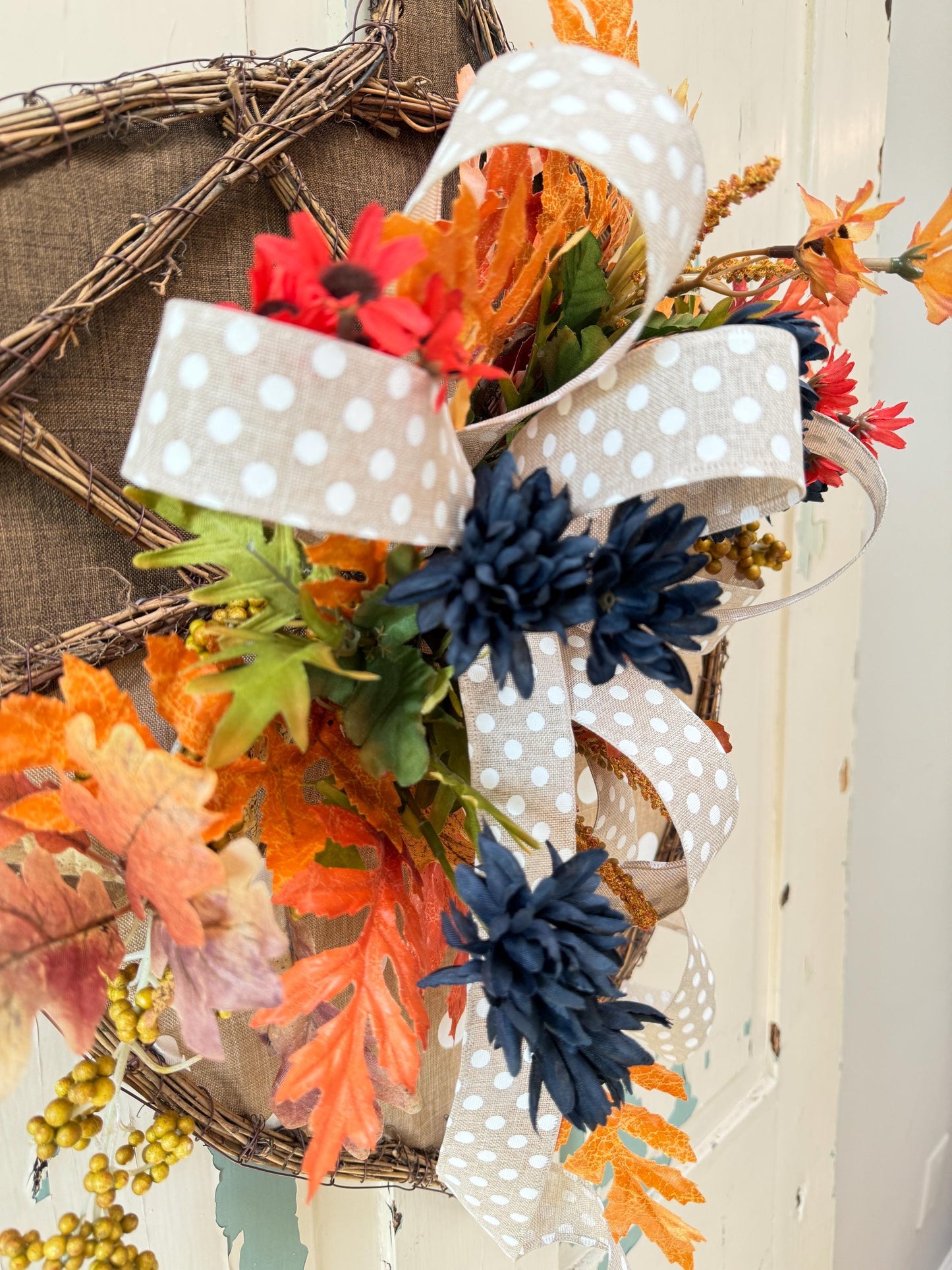 Rustic Acorn Grapevine Wreath for Fall, Burlap Door Hanger with Polka Dot Bow, Thanksgiving Autumn Decor, Orange and Blue Floral Accents
