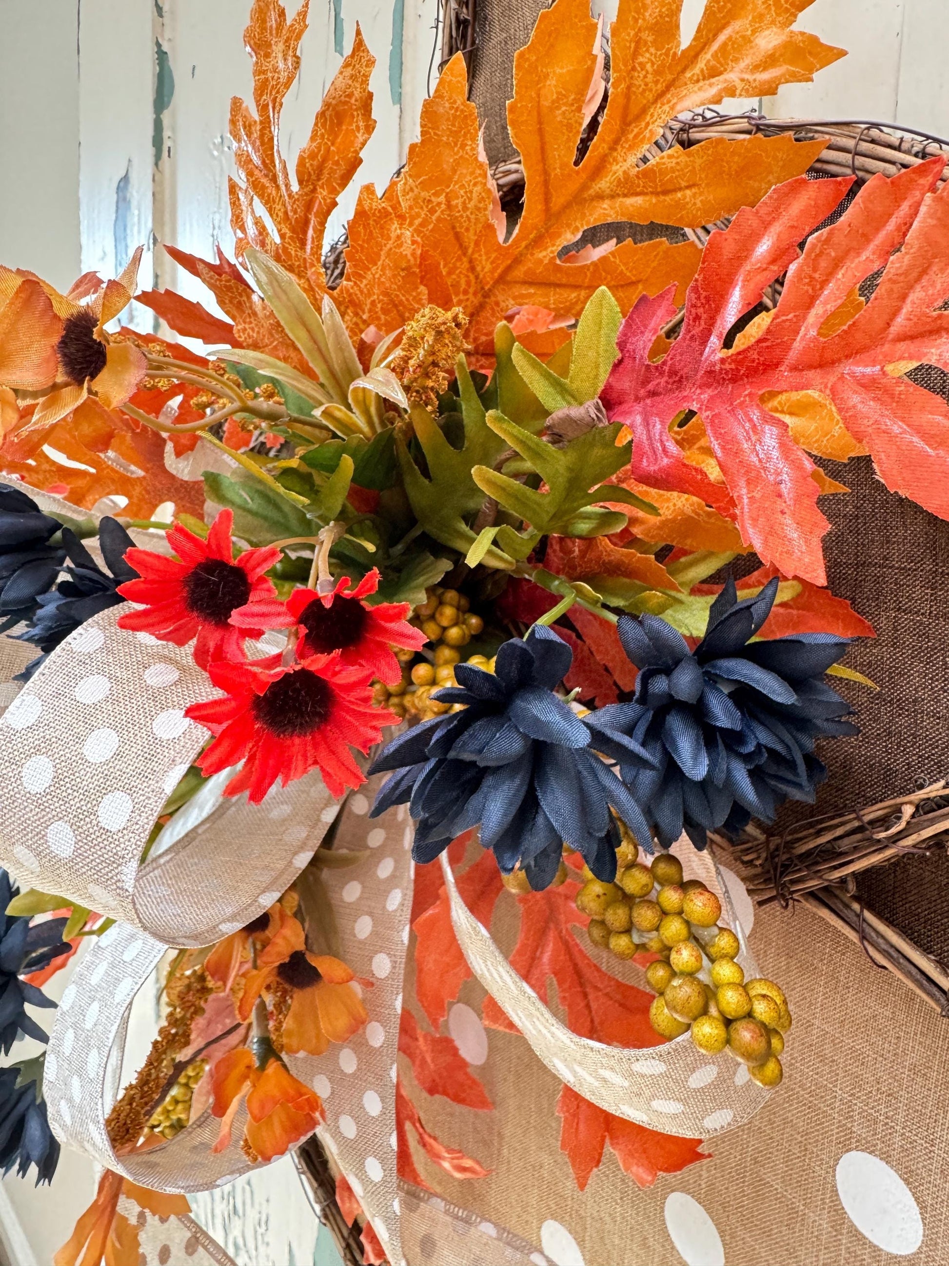 Rustic Acorn Grapevine Wreath for Fall, Burlap Door Hanger with Polka Dot Bow, Thanksgiving Autumn Decor, Orange and Blue Floral Accents