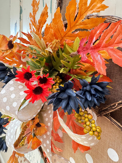 Rustic Acorn Grapevine Wreath for Fall, Burlap Door Hanger with Polka Dot Bow, Thanksgiving Autumn Decor, Orange and Blue Floral Accents