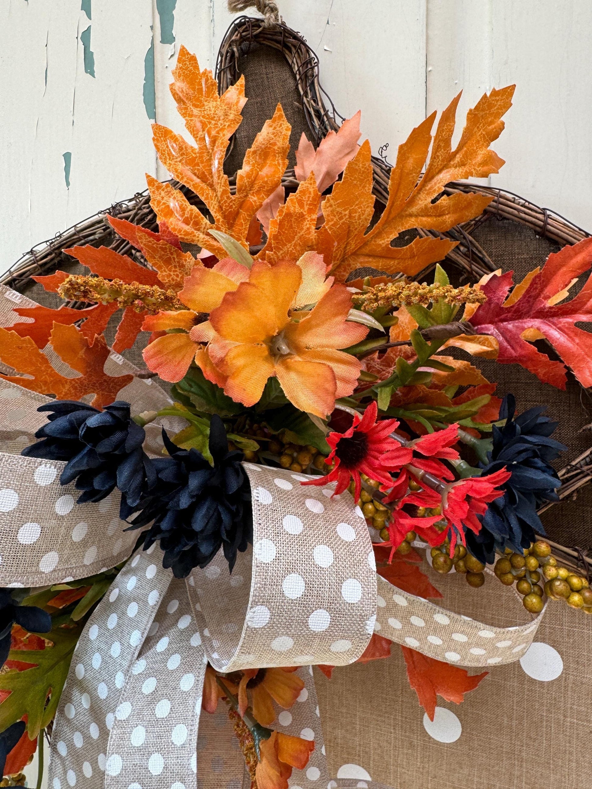 Rustic Acorn Grapevine Wreath for Fall, Burlap Door Hanger with Polka Dot Bow, Thanksgiving Autumn Decor, Orange and Blue Floral Accents