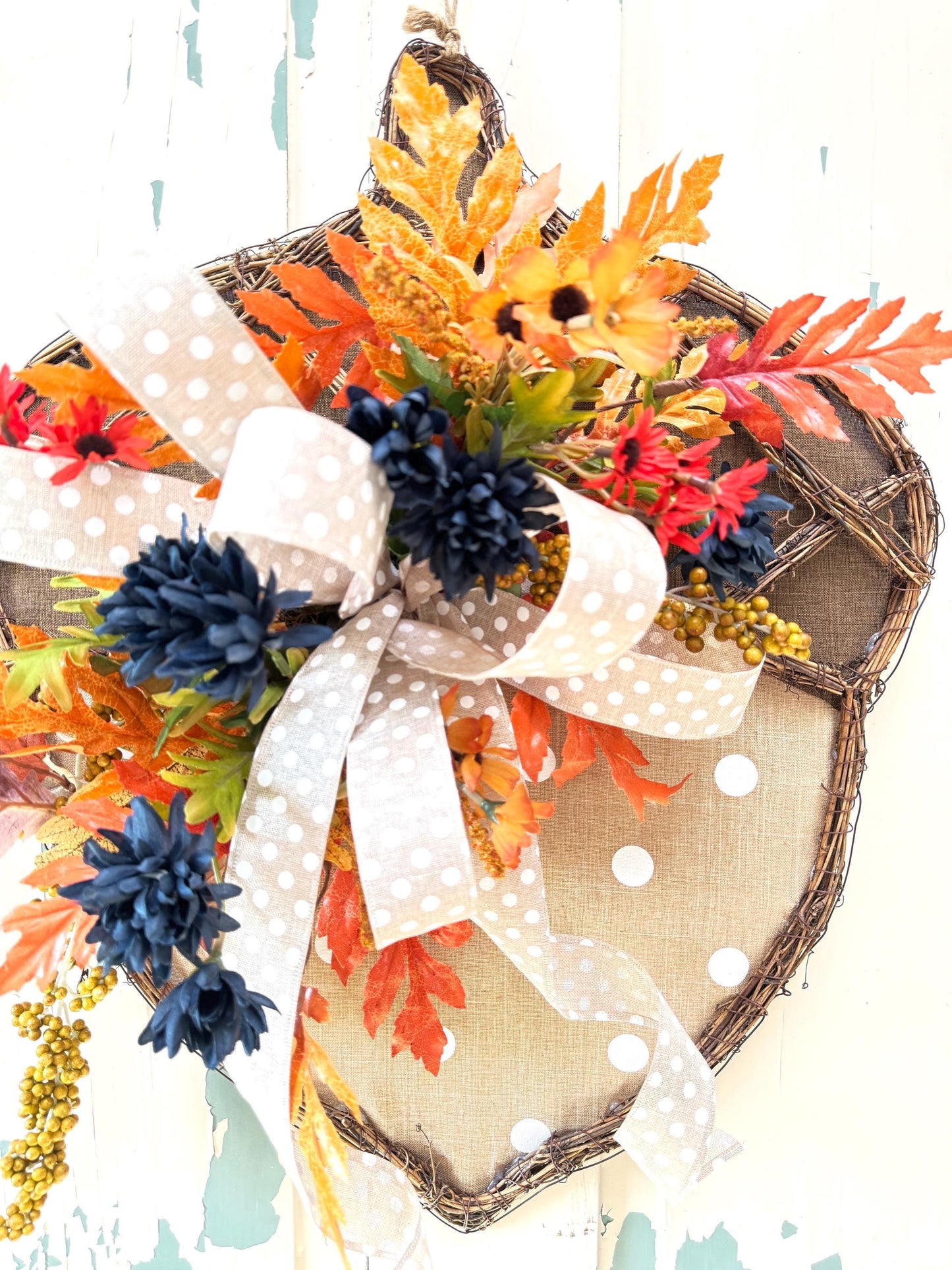 Rustic Acorn Grapevine Wreath for Fall, Burlap Door Hanger with Polka Dot Bow, Thanksgiving Autumn Decor, Orange and Blue Floral Accents