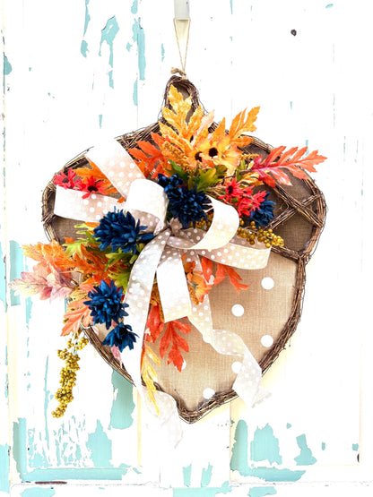 Rustic Acorn Grapevine Wreath for Fall, Burlap Door Hanger with Polka Dot Bow, Thanksgiving Autumn Decor, Orange and Blue Floral Accents