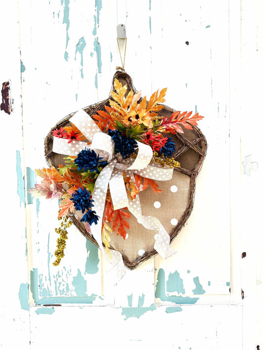 Rustic Acorn Grapevine Wreath for Fall, Burlap Door Hanger with Polka Dot Bow, Thanksgiving Autumn Decor, Orange and Blue Floral Accents