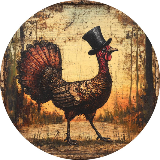 Vintage Thanksgiving Wreath Sign, Primitive Turkey Wall Decor, Round DIY Sign for Crafting, Fall Metal Sign, Rustic Porch sign, SWS-091224-3