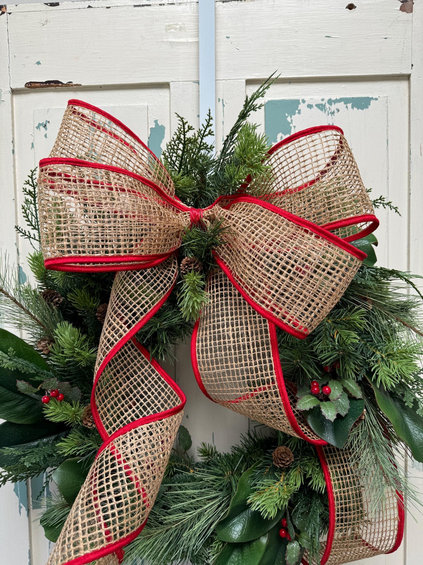 Handmade Holiday Greenery Wreath with Burlap Bow