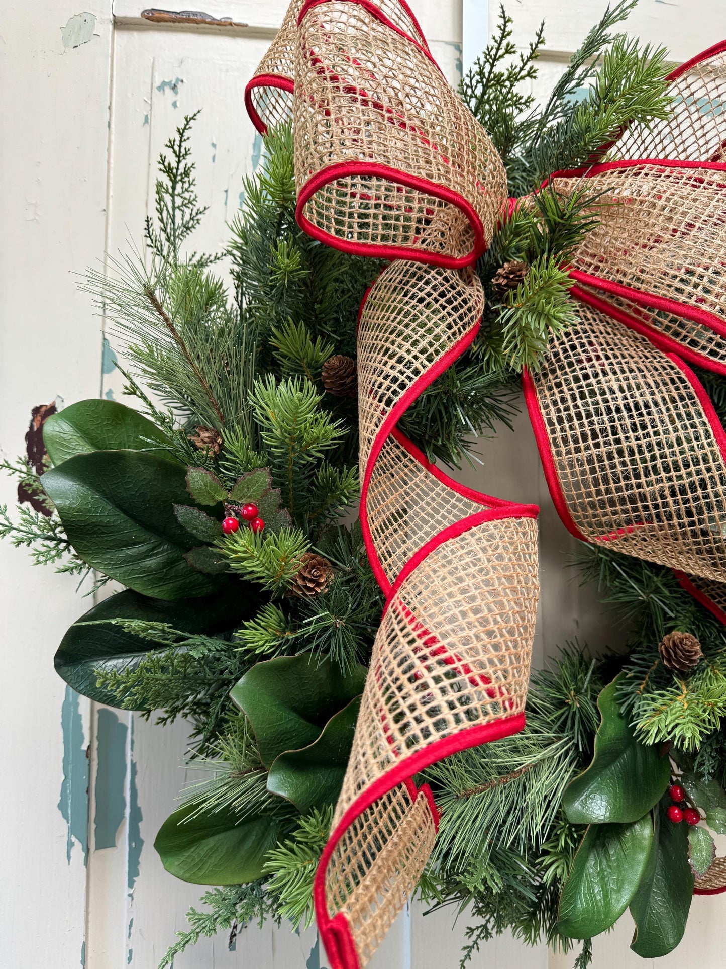 Handmade Holiday Greenery Wreath with Burlap Bow