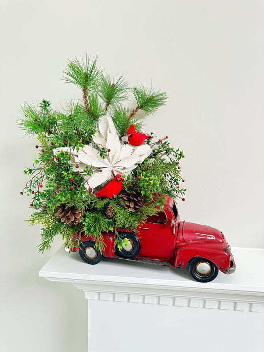 Rustic Christmas Red Truck Centerpiece with Greenery Pinecones