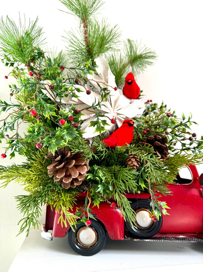 Rustic Christmas Red Truck Centerpiece with Greenery Pinecones