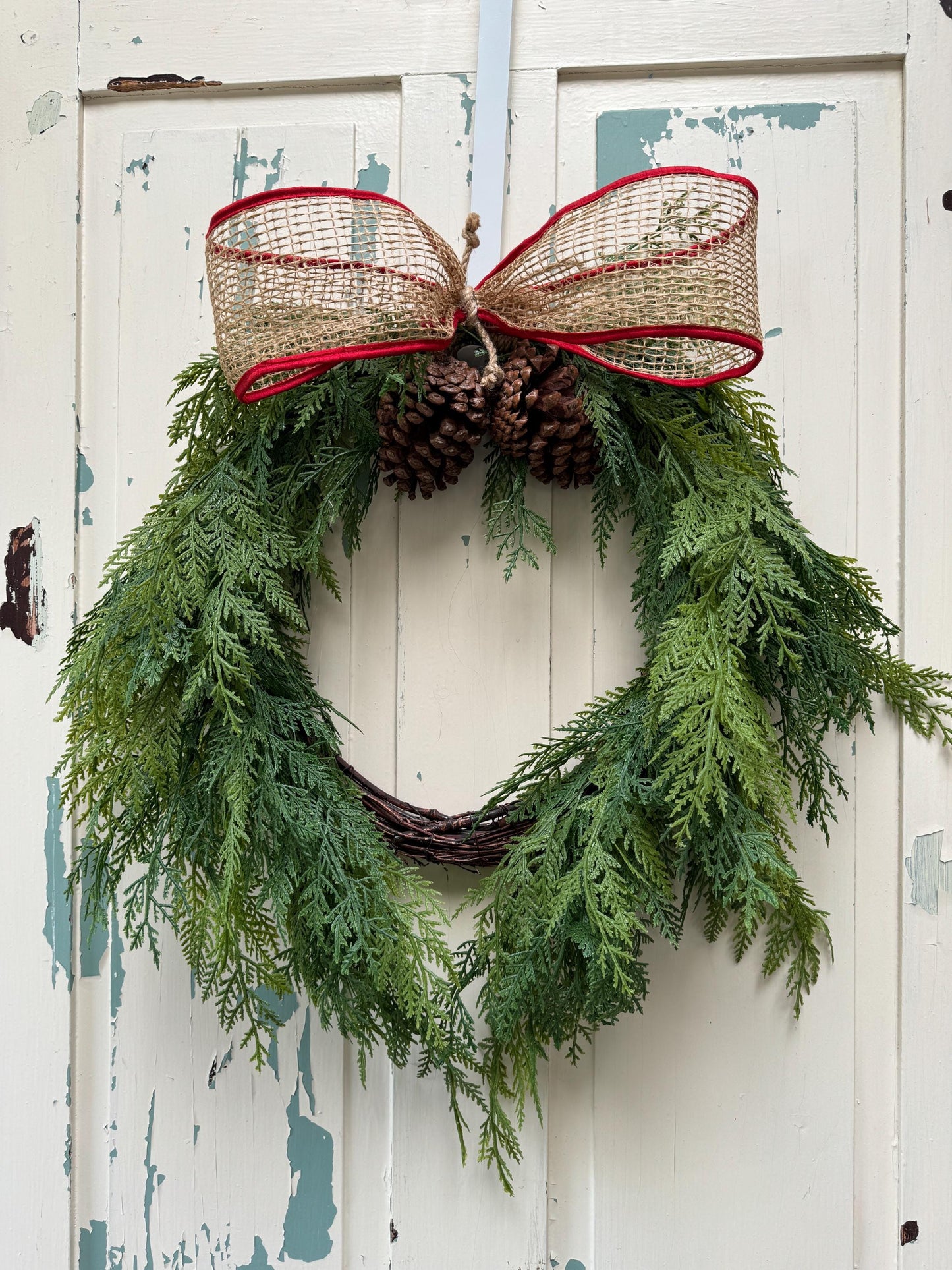 Rustic Cedar Christmas Wreath with Pinecones and Burlap Bow