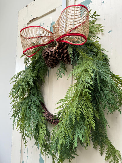Rustic Cedar Christmas Wreath with Pinecones and Burlap Bow