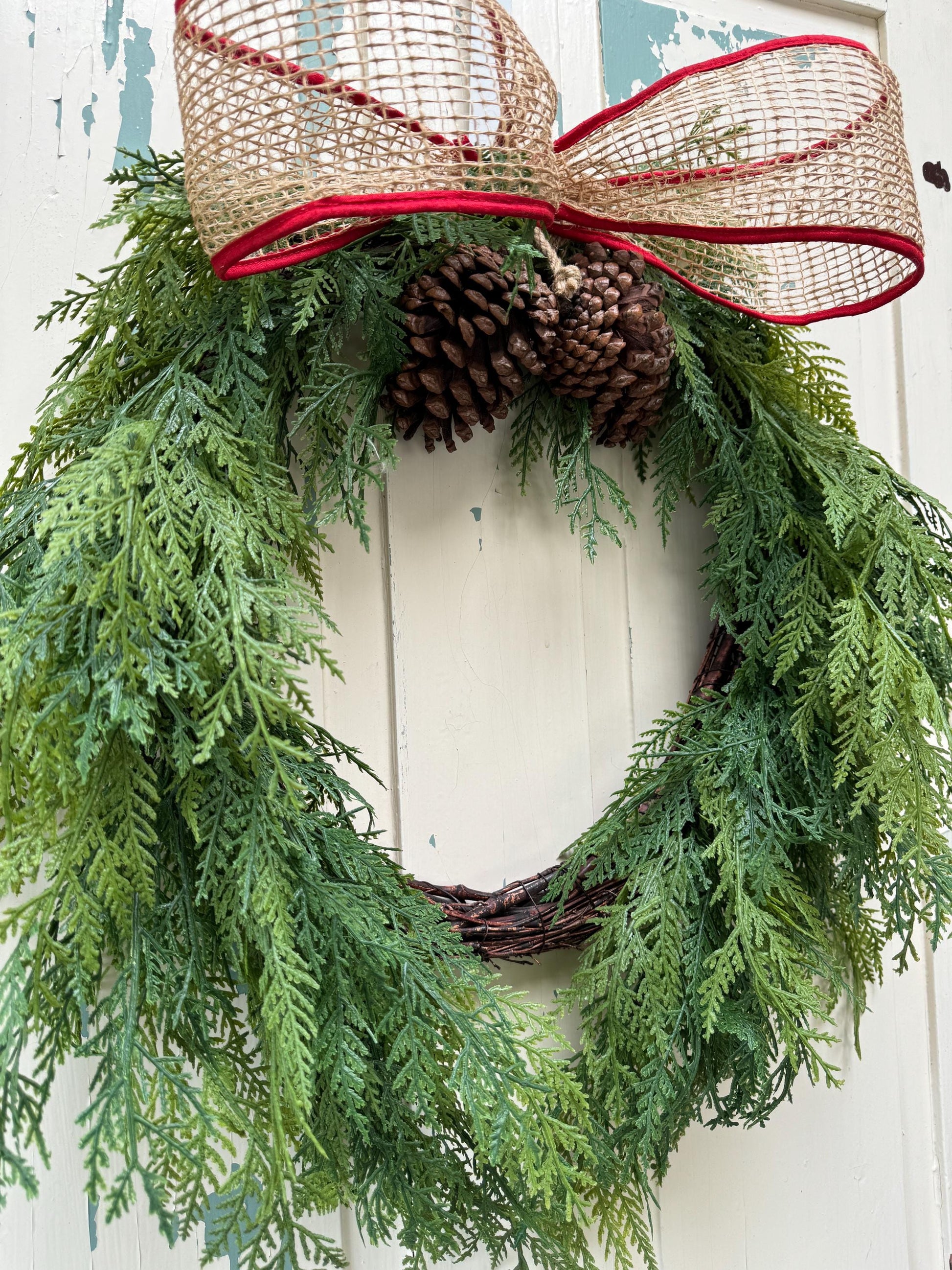 Rustic Cedar Christmas Wreath with Pinecones and Burlap Bow