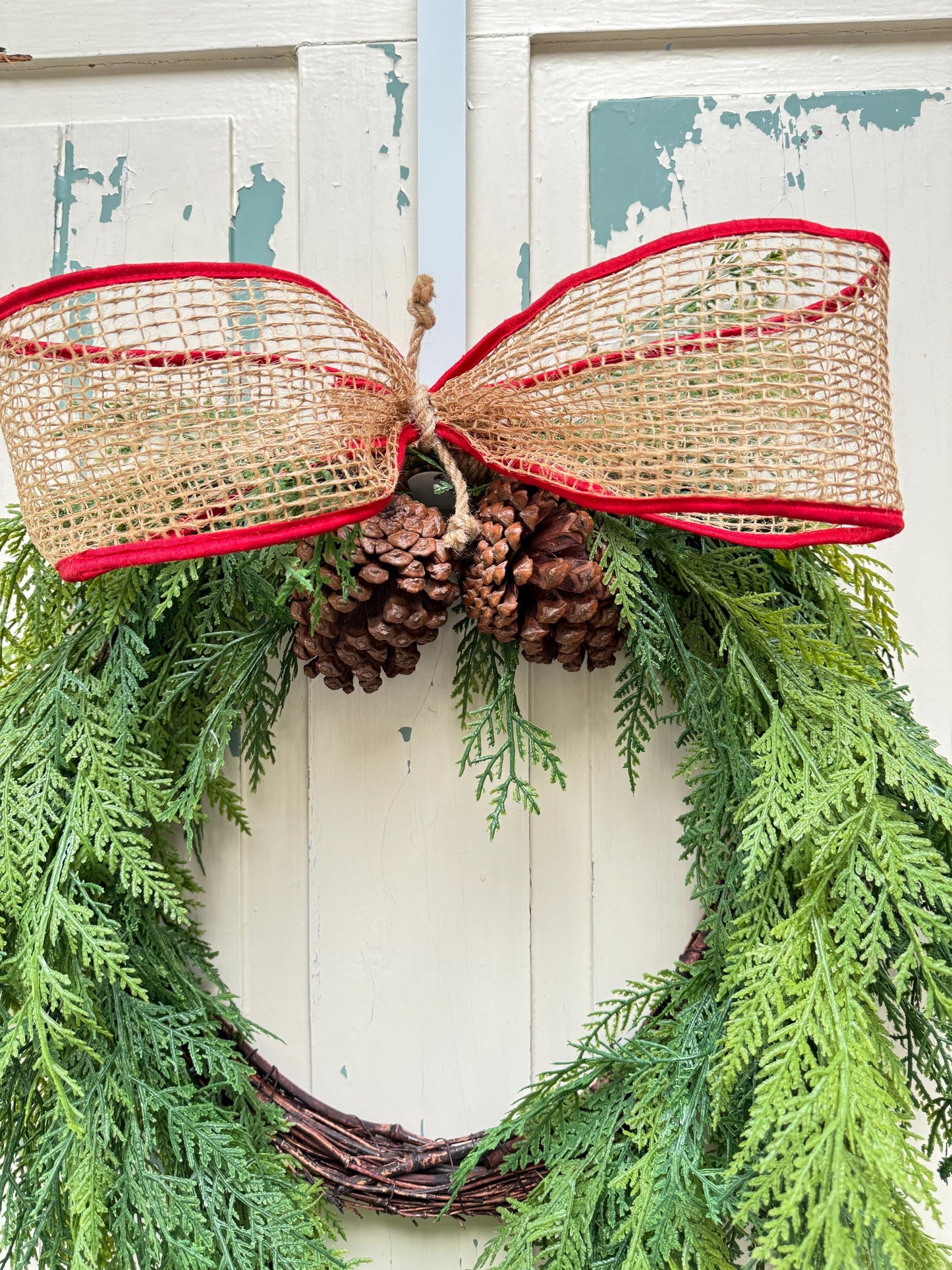 Rustic Cedar Christmas Wreath with Pinecones and Burlap Bow