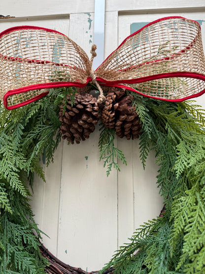 Rustic Cedar Christmas Wreath with Pinecones and Burlap Bow