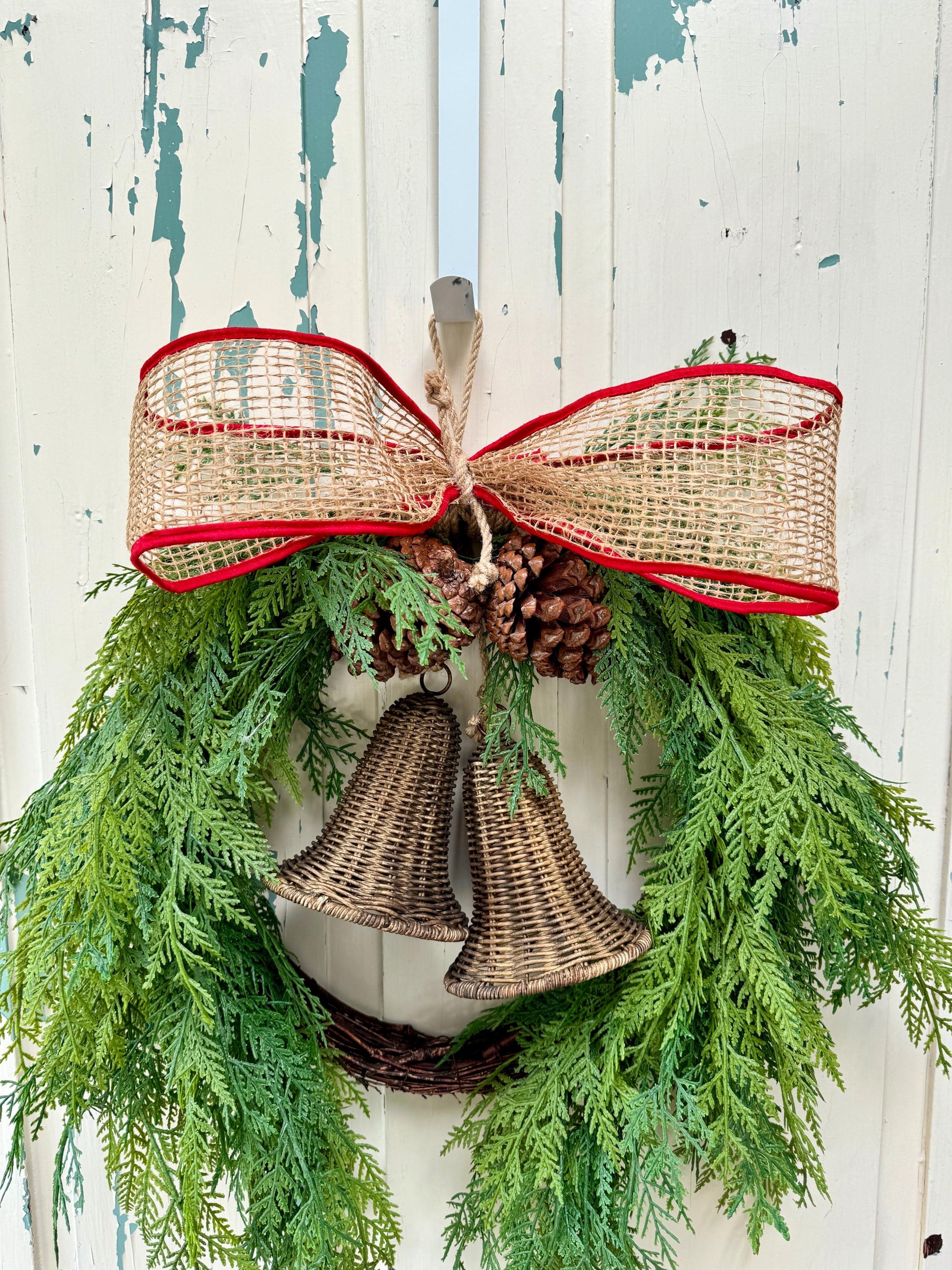 Rustic Cedar Christmas Wreath with Bells and Burlap Bow, Minimalist Handmade Holiday Front Door Décor