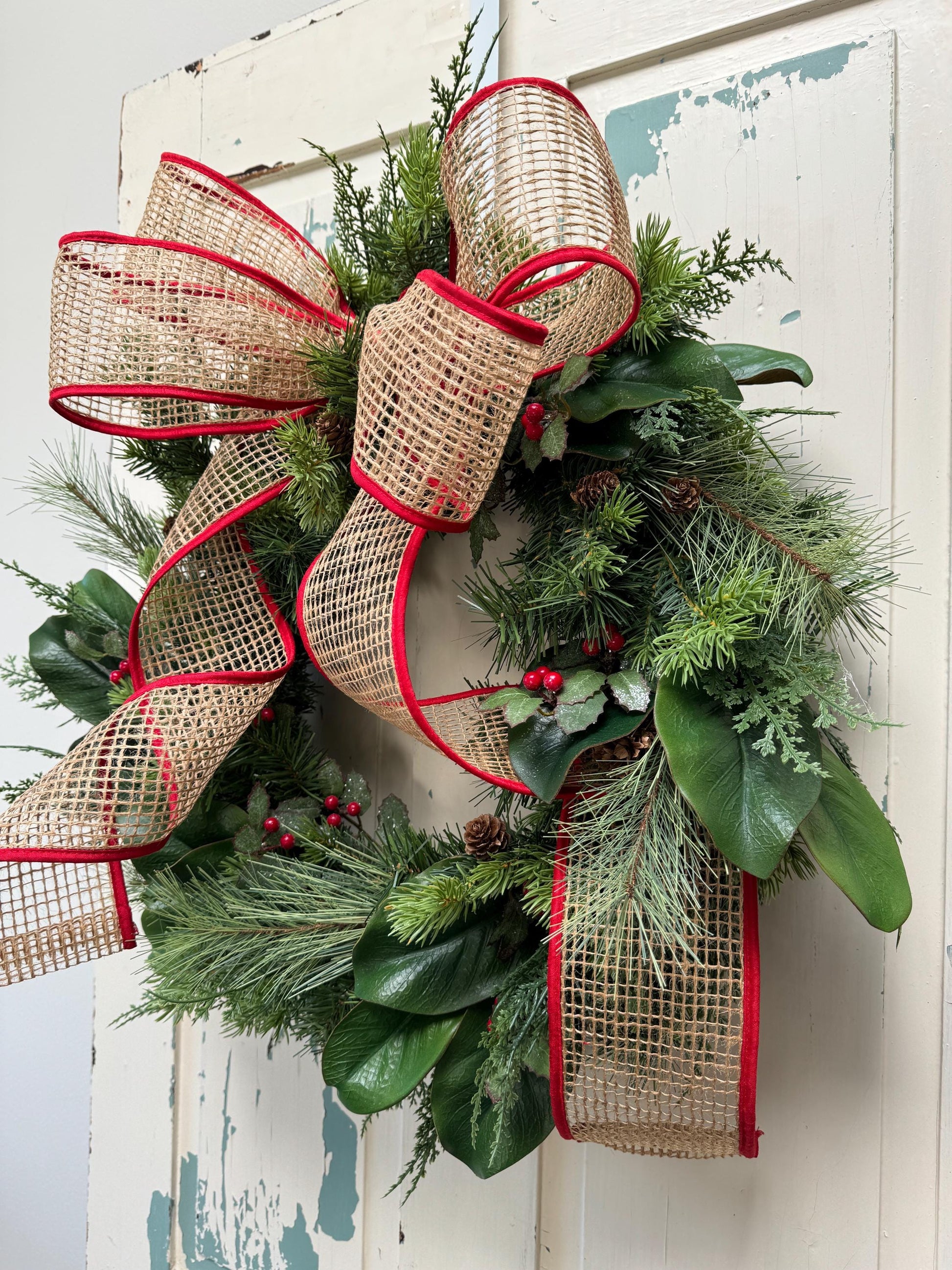Handmade Holiday Greenery Wreath with Burlap Bow