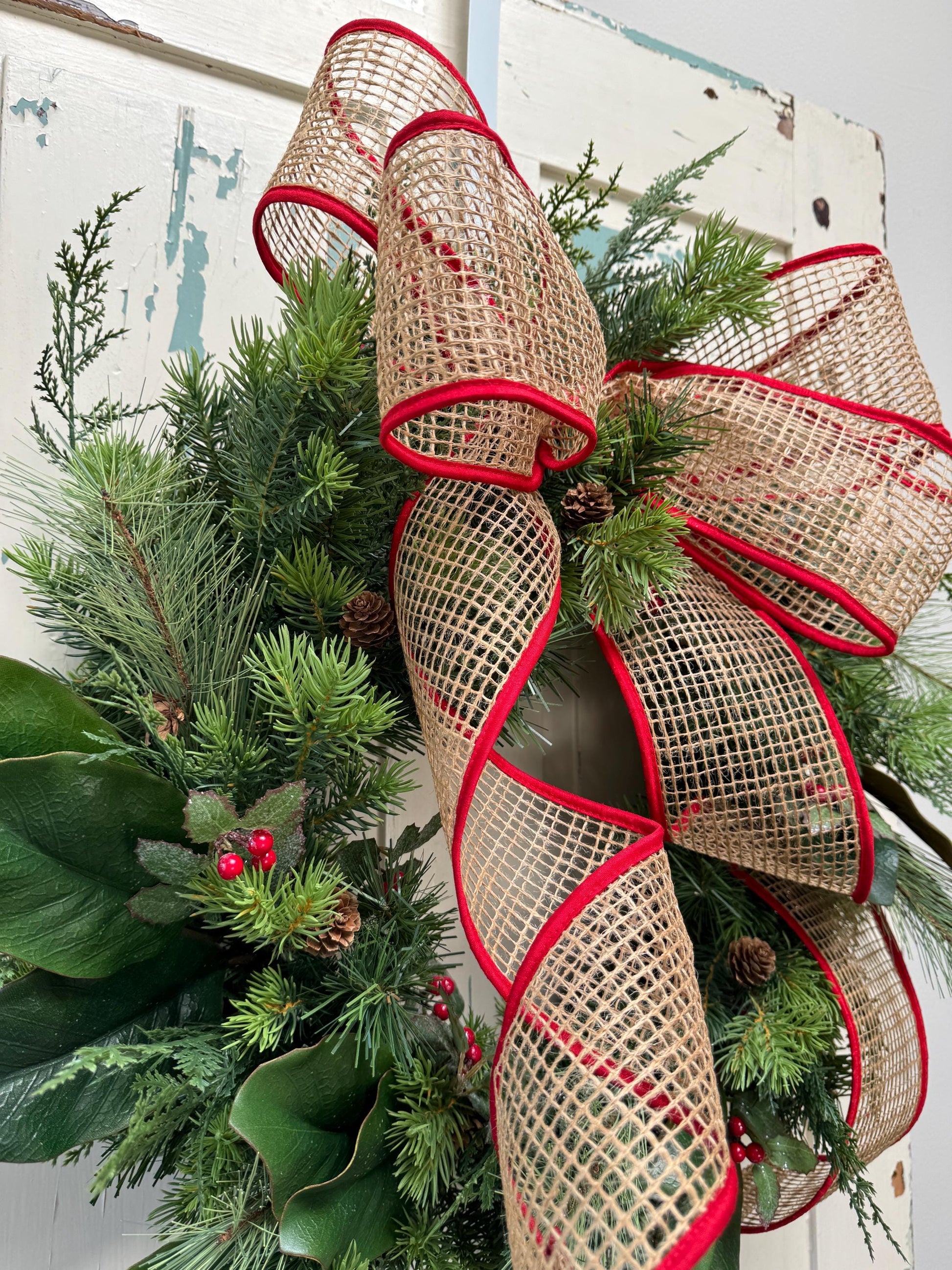 Handmade Holiday Greenery Wreath with Burlap Bow