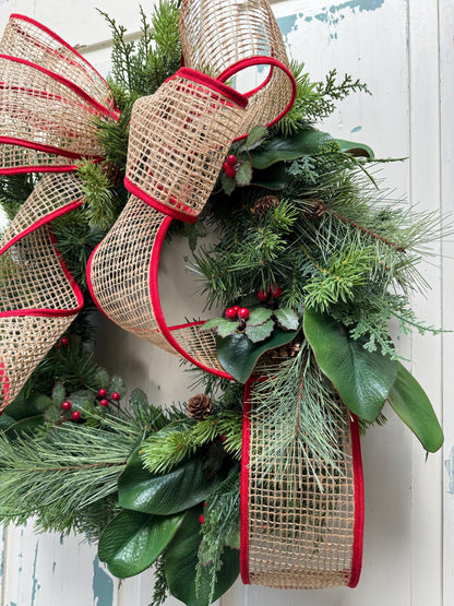 Handmade Holiday Greenery Wreath with Burlap Bow