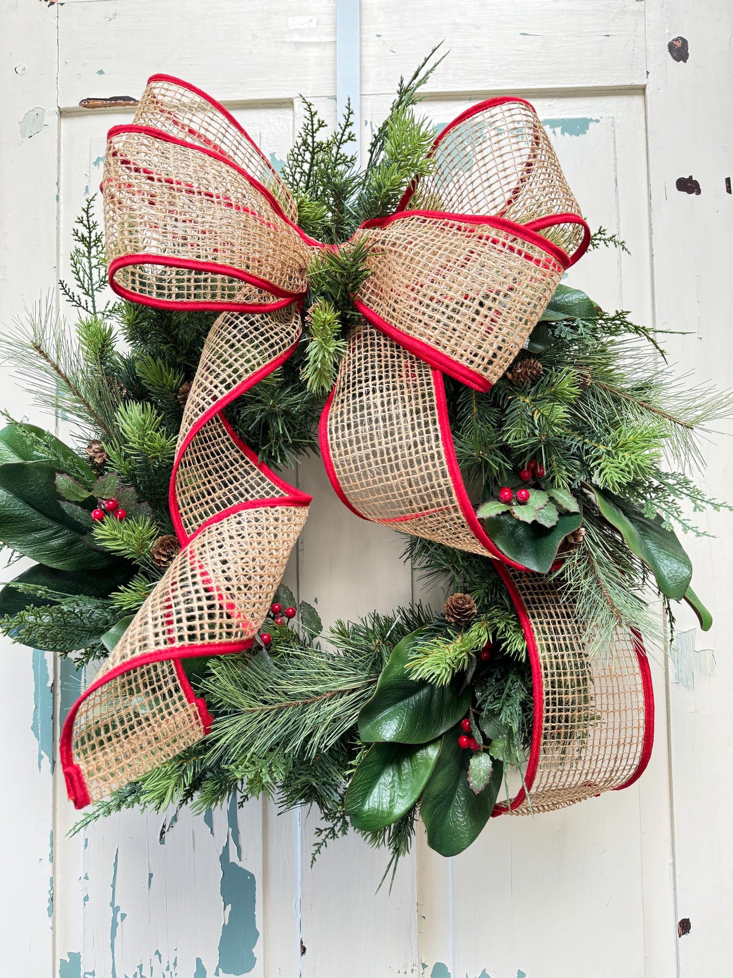 Handmade Holiday Greenery Wreath with Burlap Bow