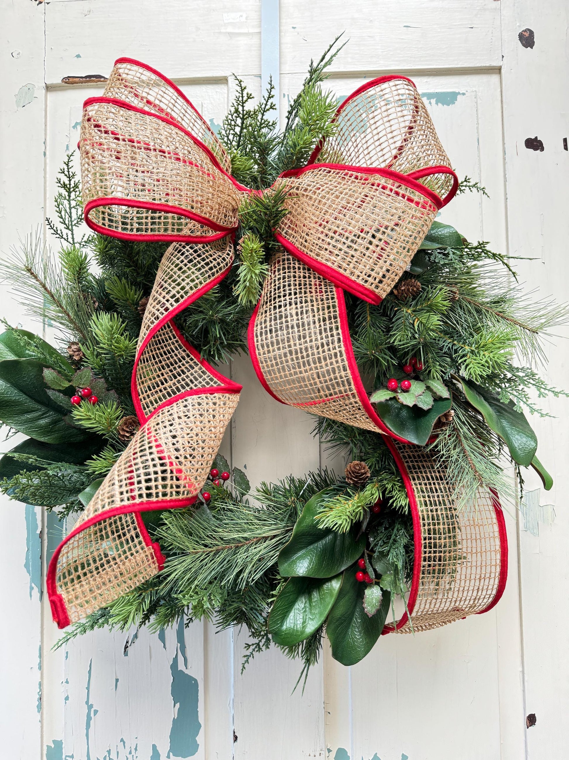 Handmade Holiday Greenery Wreath with Burlap Bow