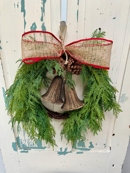Rustic Cedar Christmas Wreath with Bells and Burlap Bow