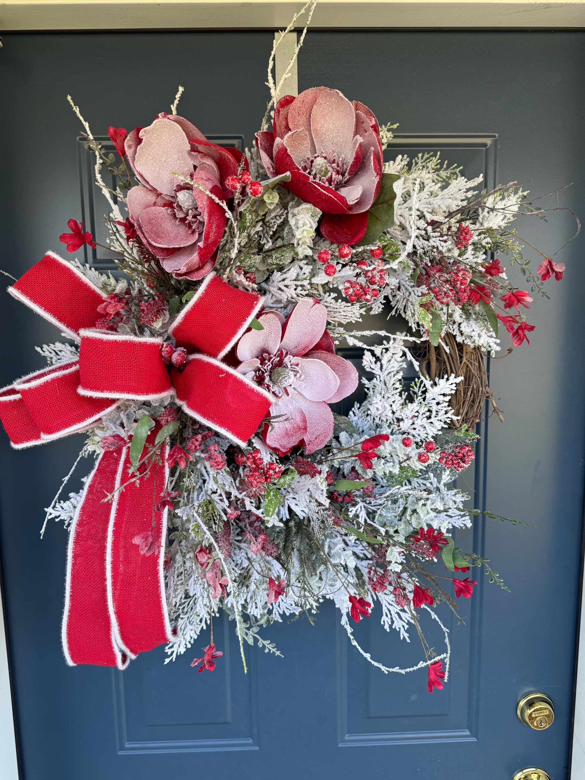 Red Magnolia Snowy Christmas Wreath for Front Door