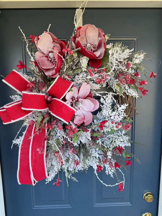 Red Magnolia Snowy Christmas Wreath for Front Door