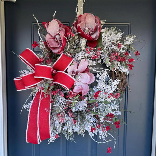 Red Magnolia Snowy Christmas Wreath for Front Door